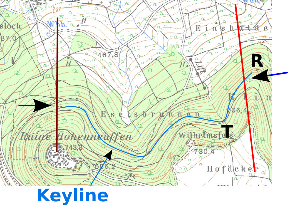 Keyline im hangrückenbereich (R) und Talbereich (T)